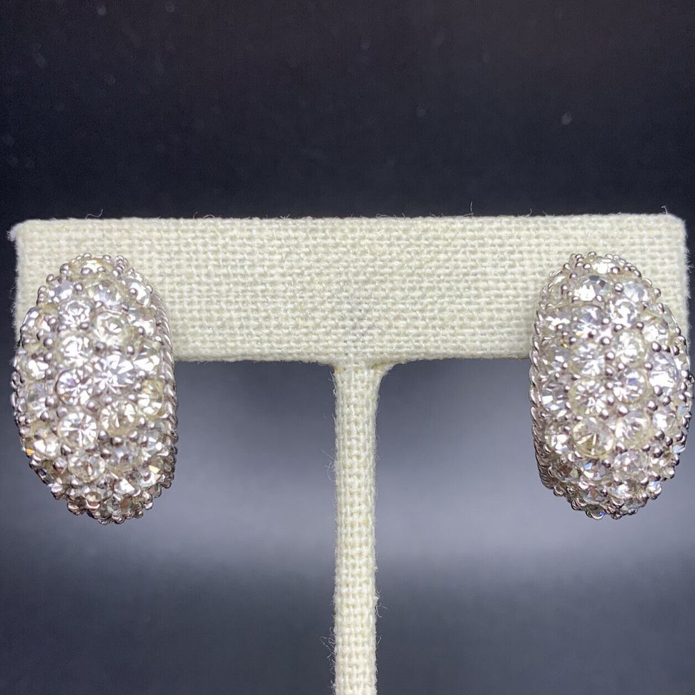Jomaz Earrings Clear Rhinestone Pave Look Silver Tone Half Hoop Huggie Vintage